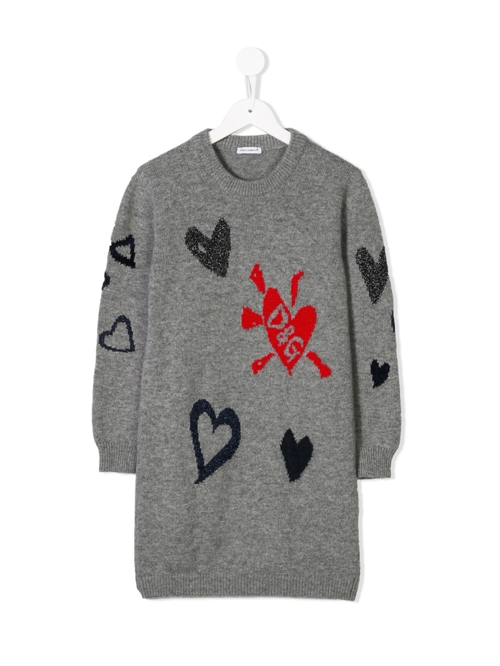 Dolce & Gabbana Gray Knit Sweater Dress with Red Heart Graphic